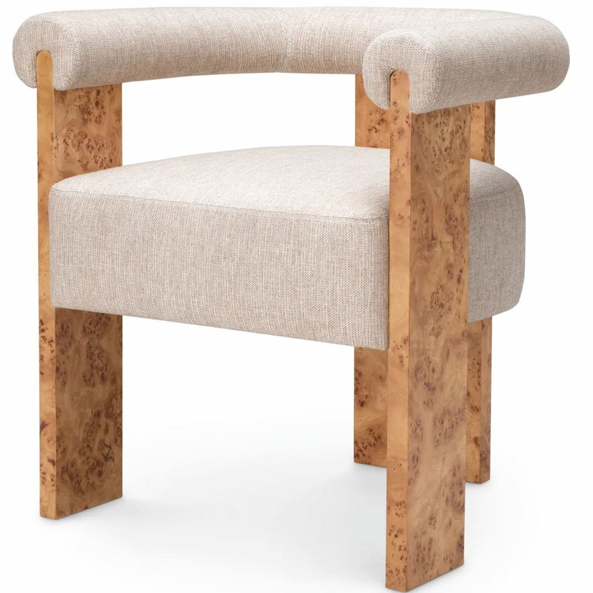 The Volte Dining Chair — Burl Wood Frame with Rolled Bouclé Back & Floating Upholstered Seat