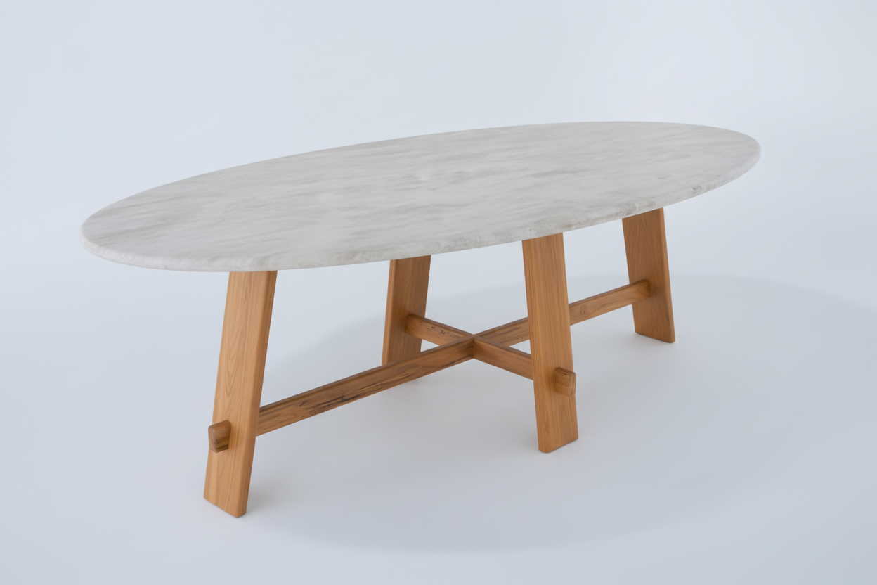Kaarna Oval — Marble & Solid Teak Dining Table