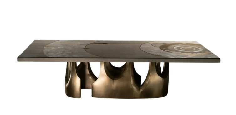 Holvari Rect — Bronze Cast Arch Base & Stone Inlay Rectangular Dining Table
