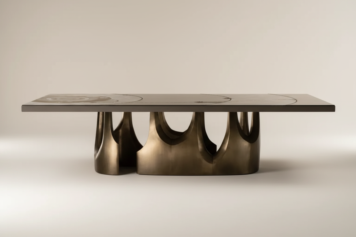 Holvari Rect — Bronze Cast Arch Base & Stone Inlay Rectangular Dining Table