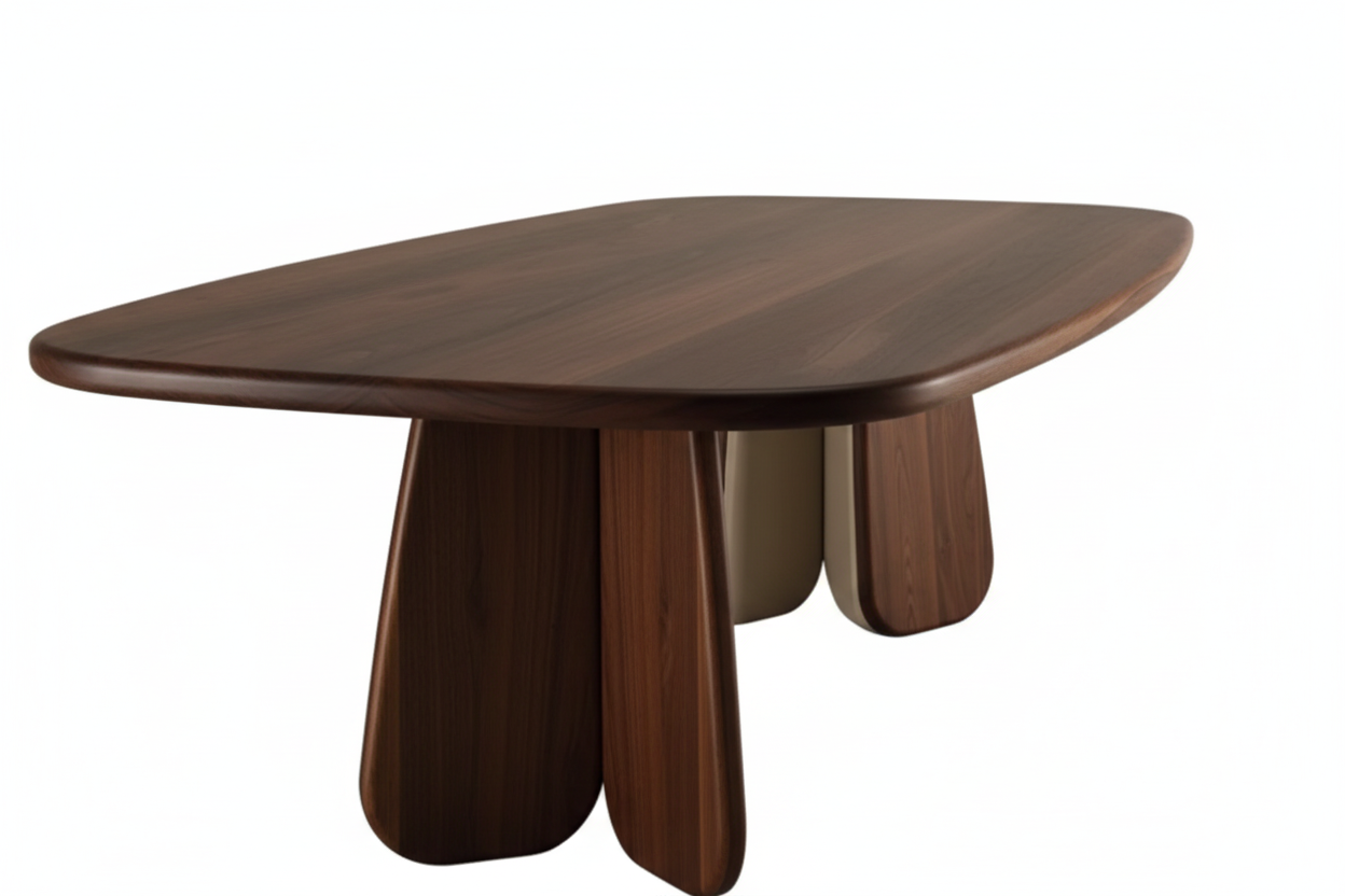 Kukka Rect — Solid Walnut & Bicolor Trefoil Leg Dining Table