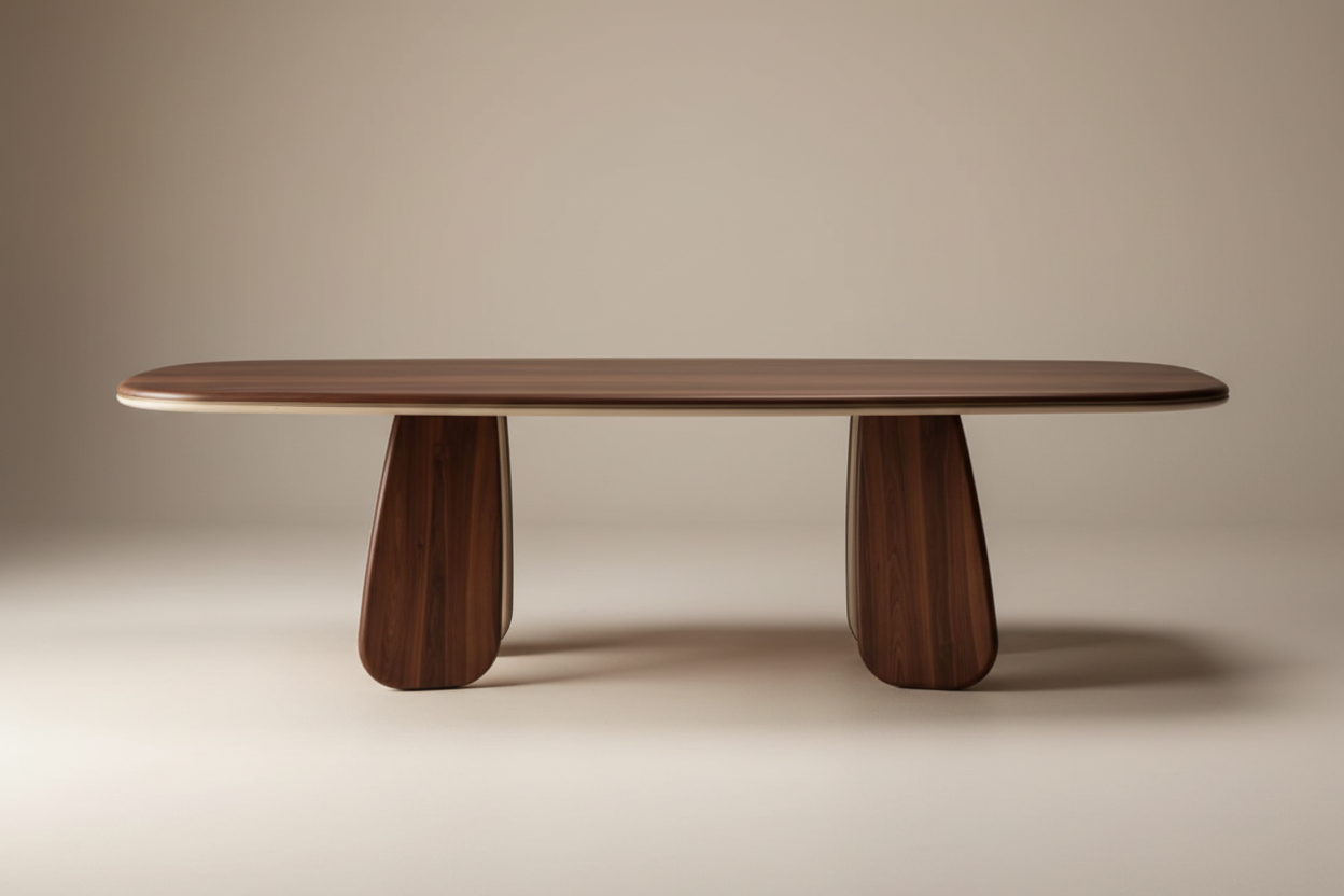Kukka Rect — Solid Walnut & Bicolor Trefoil Leg Dining Table