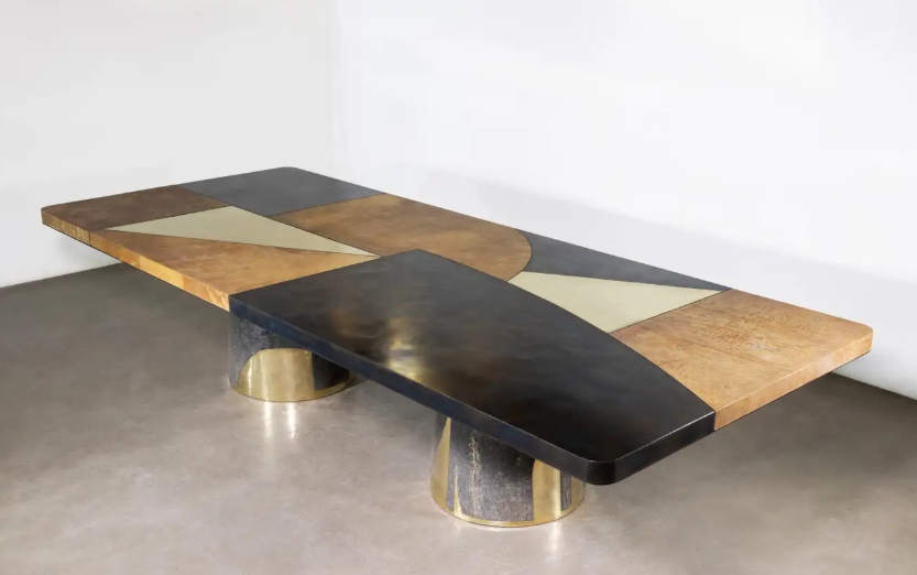 Taulu Rect — Geometric Marquetry & Brass Cone Pedestal Dining Table