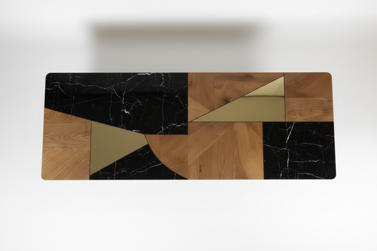 Taulu Rect — Geometric Marquetry & Brass Cone Pedestal Dining Table