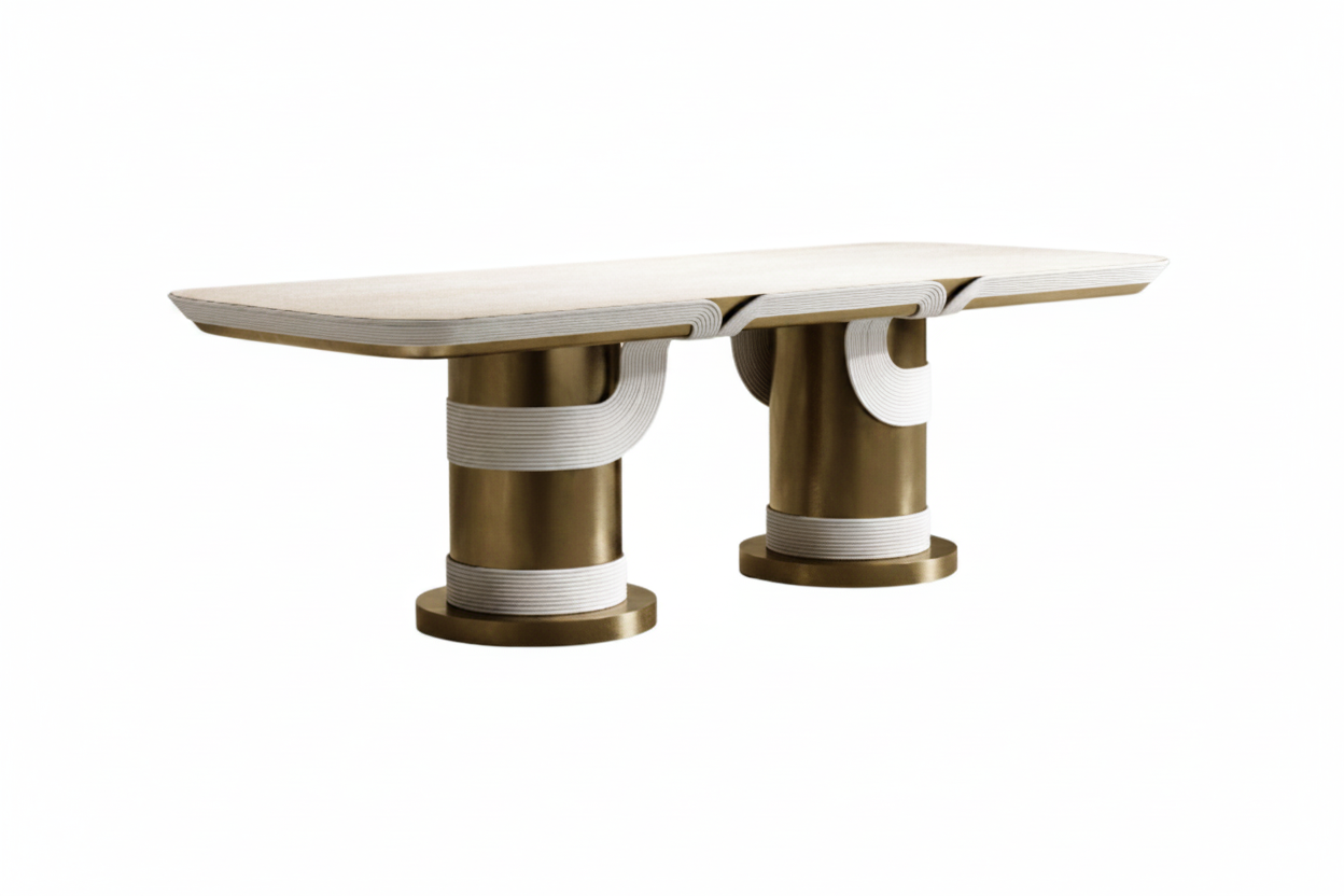 The Torio Rectangular Dining Table — Ribbed Cream Top with Double Aged Brass Cylinder Base