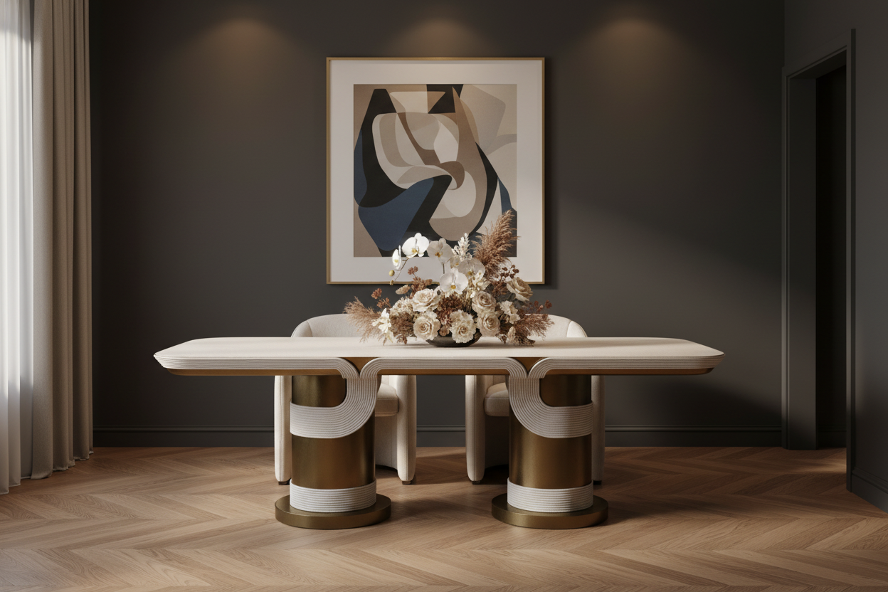 The Torio Rectangular Dining Table — Ribbed Cream Top with Double Aged Brass Cylinder Base