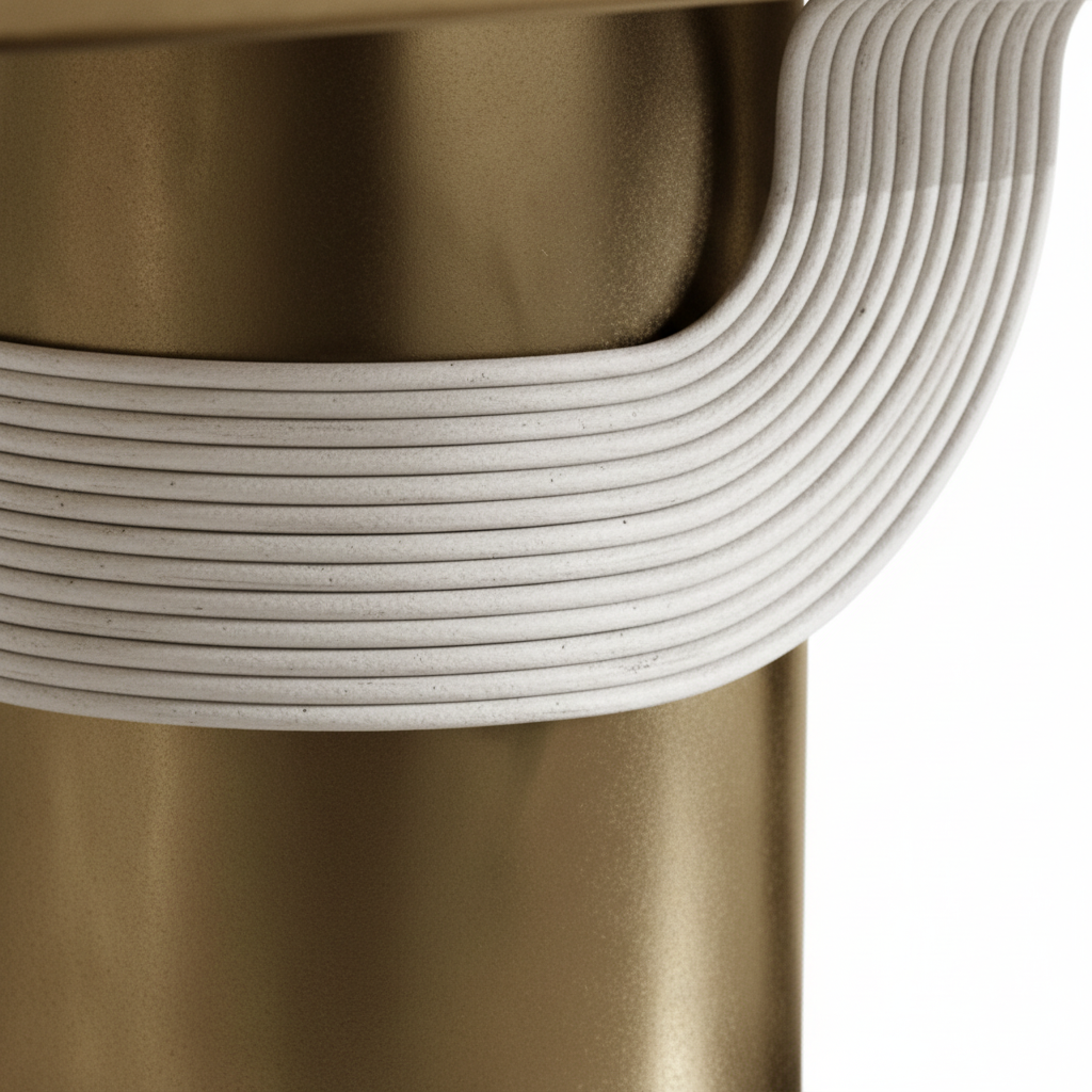 The Torio Rectangular Dining Table — Ribbed Cream Top with Double Aged Brass Cylinder Base
