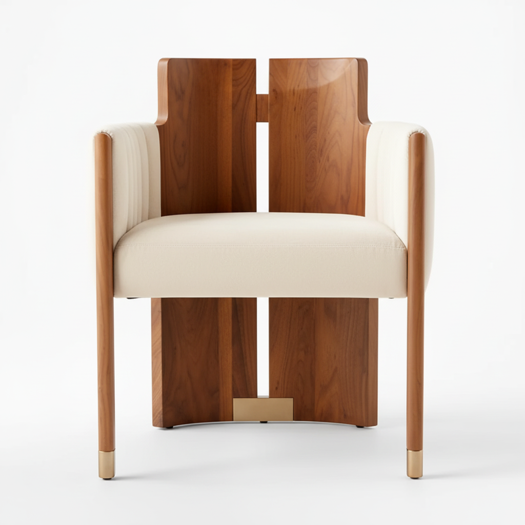 The Crest Dining Armchair — Solid Walnut, Channel Upholstery & Brushed Brass Sabots