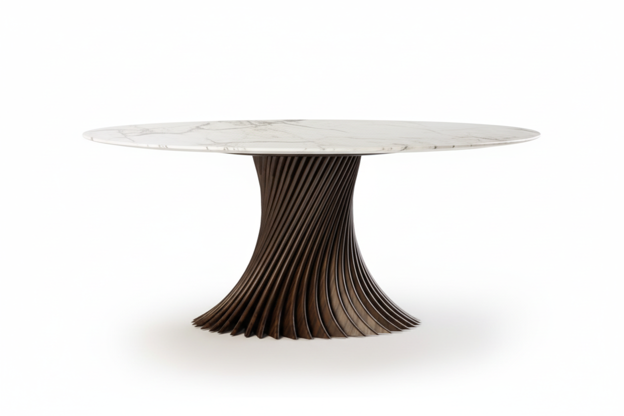 Siima Round — White Marble & Bronze Twisted Blade Pedestal Dining Table