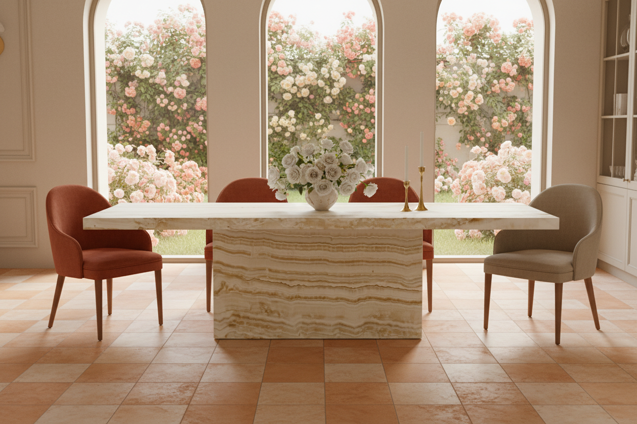 Kerros Rect — Banded Onyx Plinth & Travertine Rectangular Dining Table