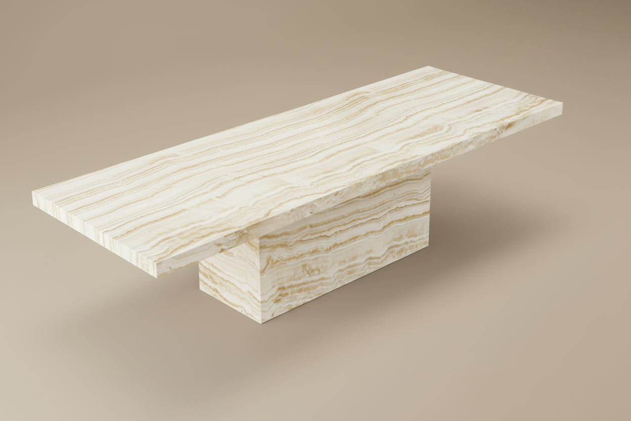 Kerros Rect — Banded Onyx Plinth & Travertine Rectangular Dining Table