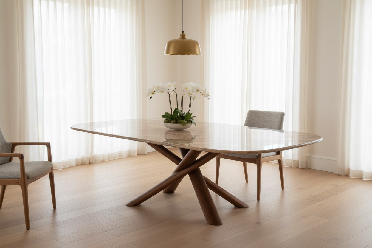 Oksa Oval — Sculptural Marble & Solid Walnut Dining Table