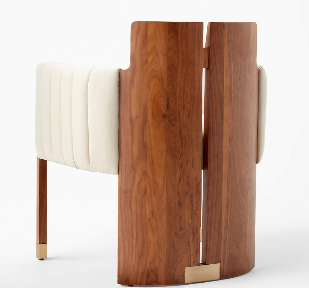 The Crest Dining Armchair — Solid Walnut, Channel Upholstery & Brushed Brass Sabots