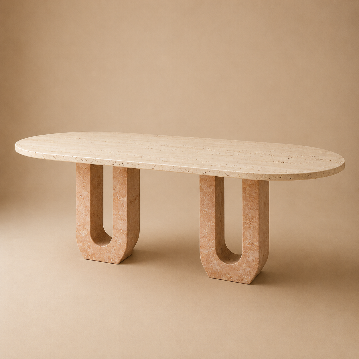 Holvi Oval — Bi-Tone Travertine Double Arch Dining Table