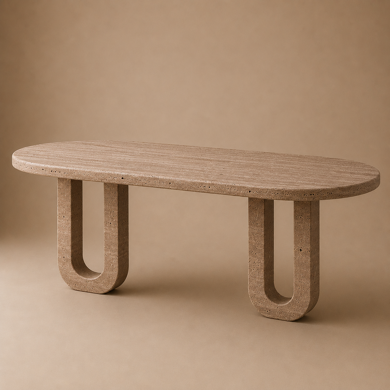 Holvi Oval — Bi-Tone Travertine Double Arch Dining Table