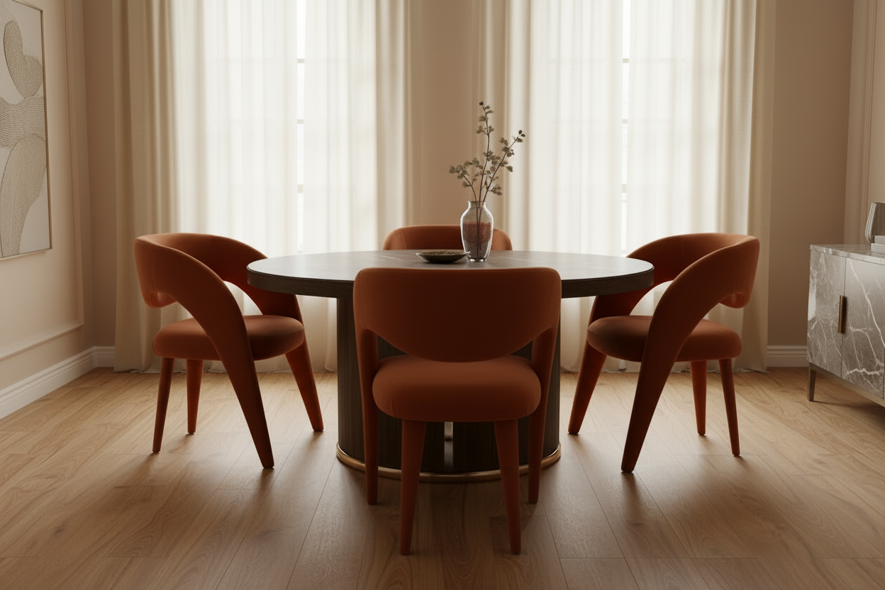 The Kaiku Dining Armchair — Fully Upholstered Open-Wing Back in Terracotta Velvet