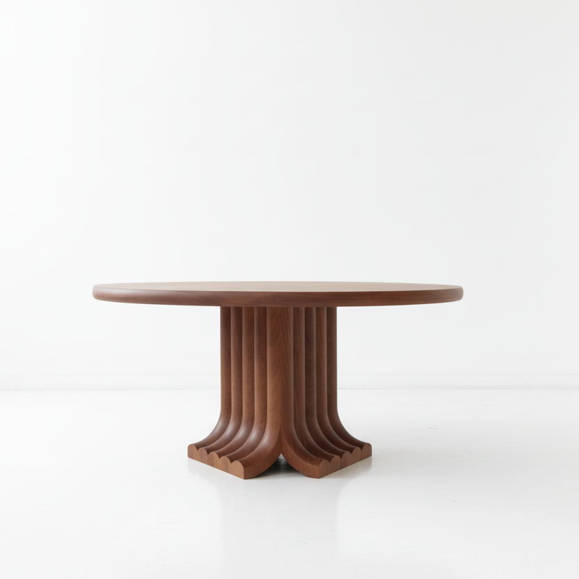 Joki Round — Solid Walnut Sculptural Fan-Pedestal Dining Table