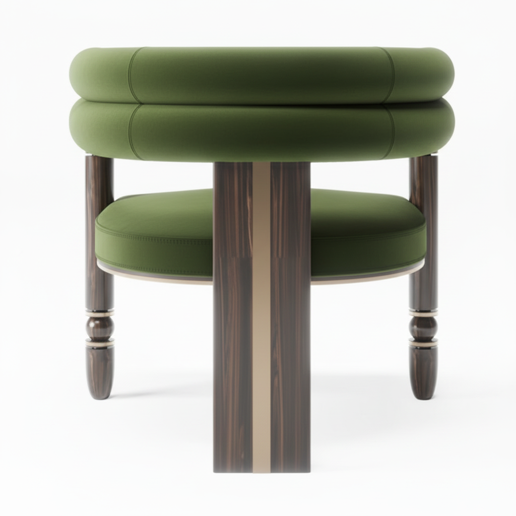 The Mahti Dining Armchair — Ebonized Wood Triple-Roll Back in Forest Green Velvet with Bronze Hardware