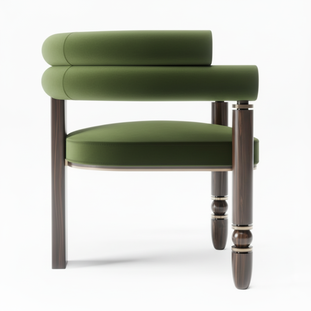 The Mahti Dining Armchair — Ebonized Wood Triple-Roll Back in Forest Green Velvet with Bronze Hardware