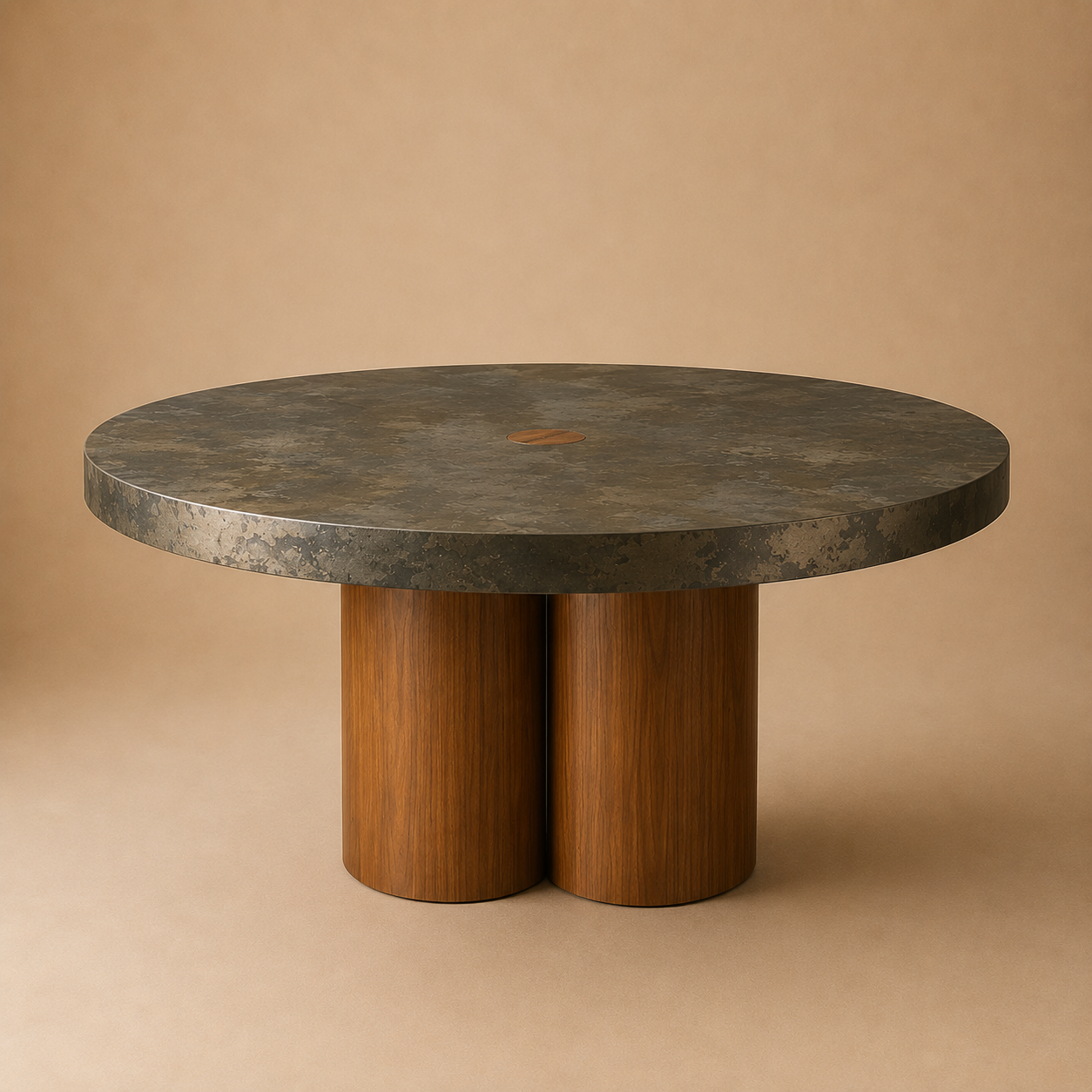 Palo Round — Patinated Metal & Solid Teak Dining Table