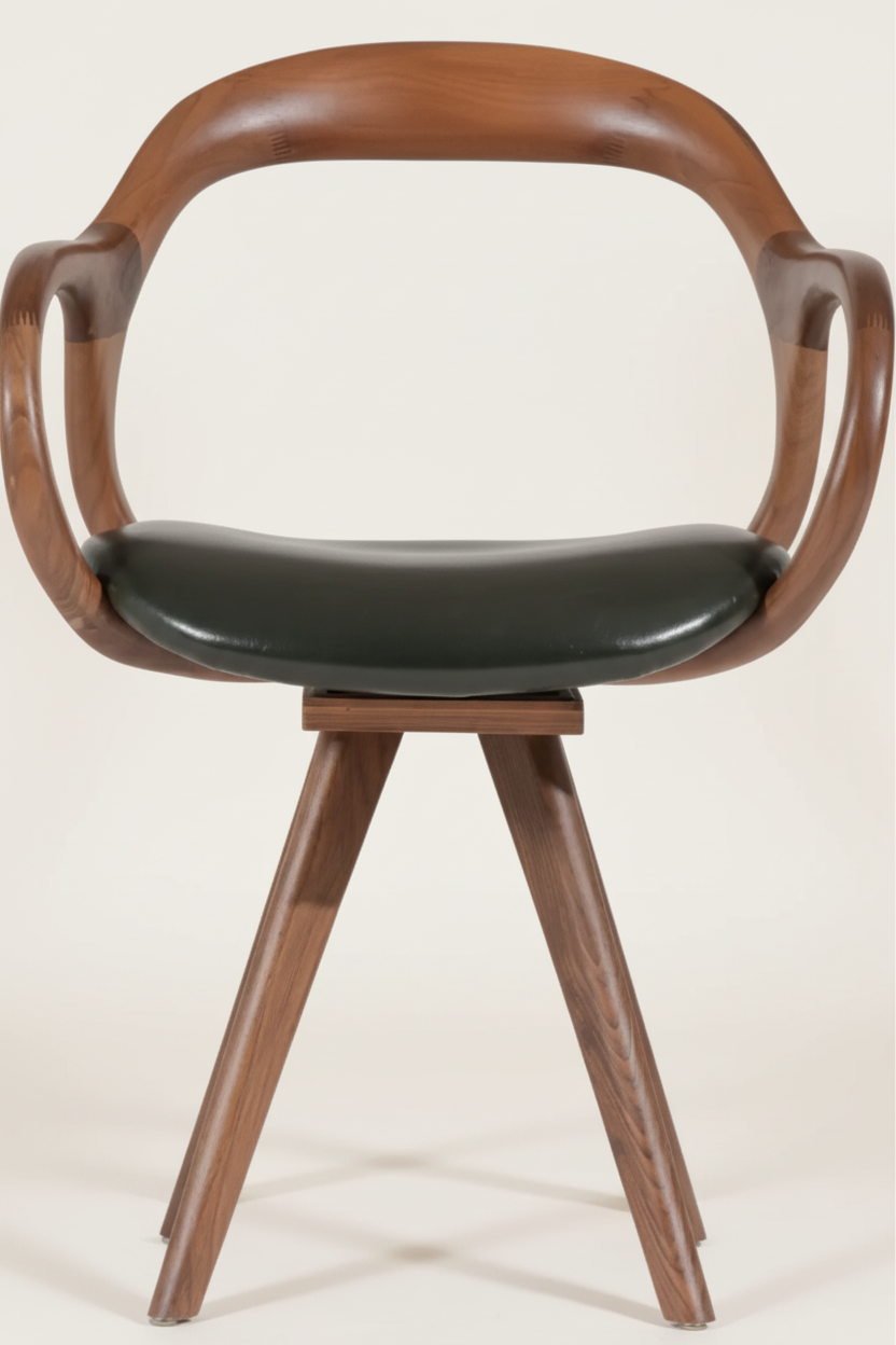 The Silta Dining Armchair — Sculpted Solid Walnut Open Frame with Forest Green Leather Seat