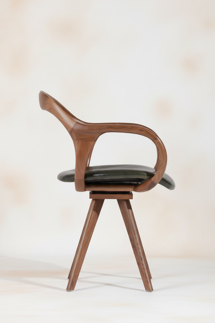 The Silta Dining Armchair — Sculpted Solid Walnut Open Frame with Forest Green Leather Seat