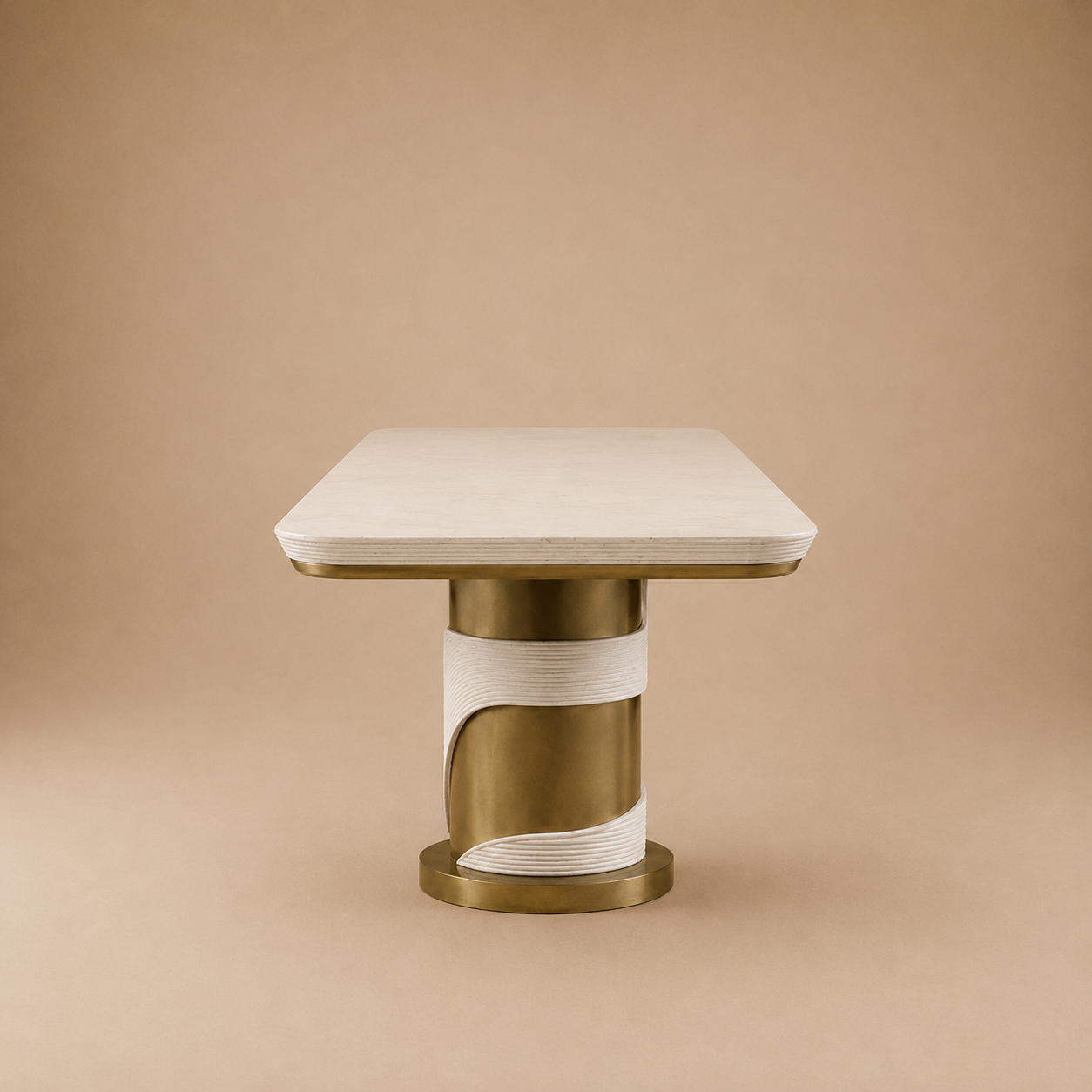 The Torio Rectangular Dining Table — Ribbed Cream Top with Double Aged Brass Cylinder Base