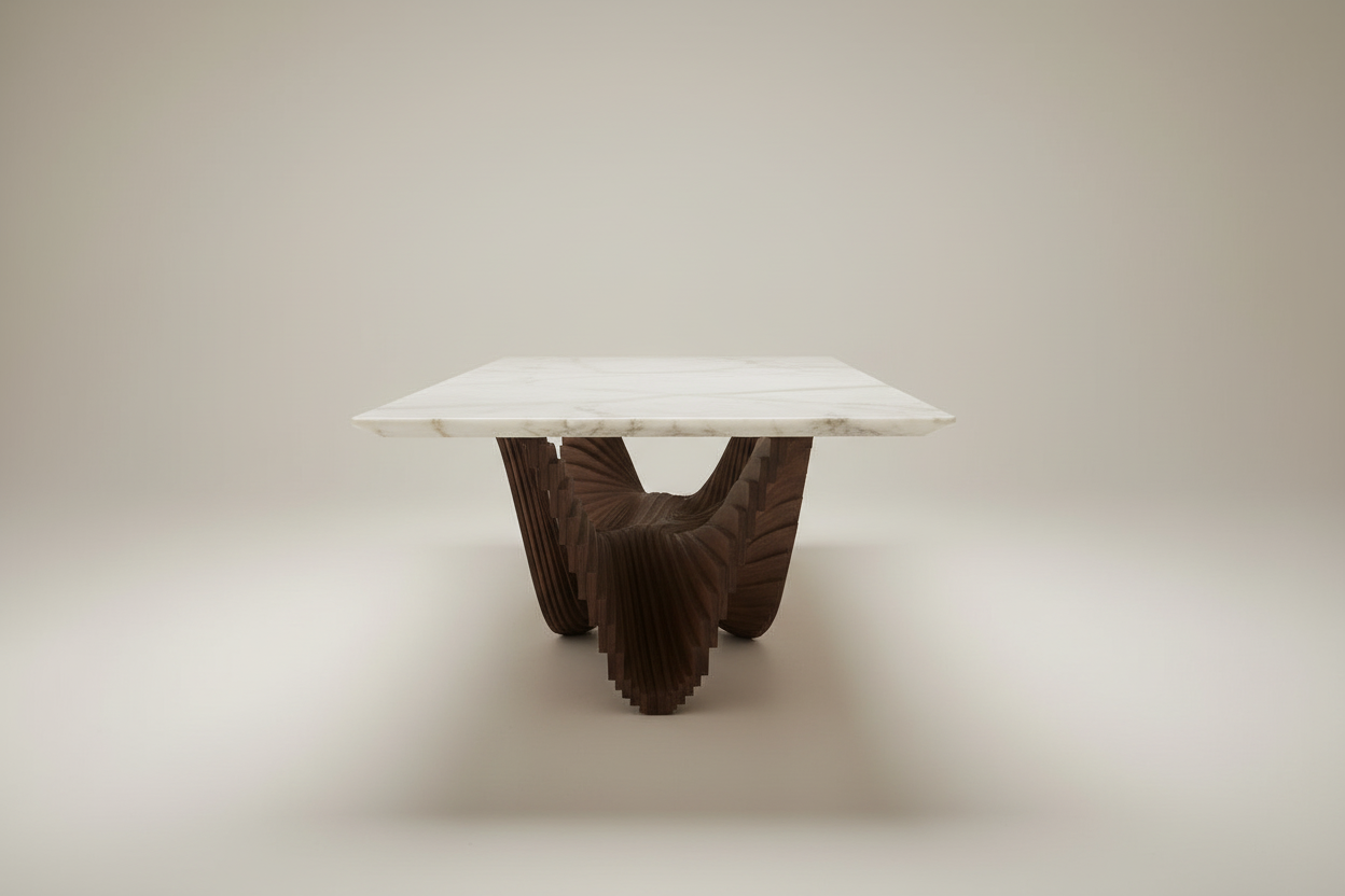Laine Rect — White Onyx & Stacked Blade Wave Pedestal Dining Table