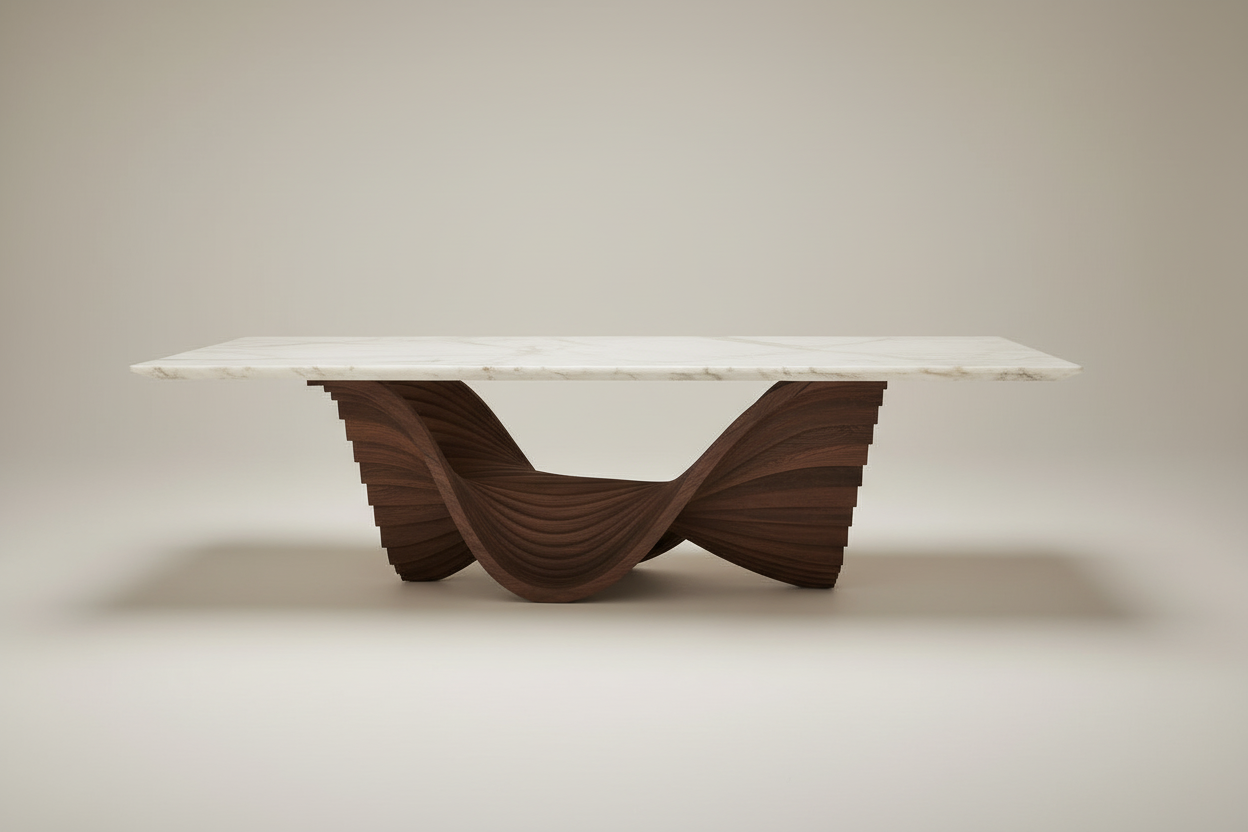 Laine Rect — White Onyx & Stacked Blade Wave Pedestal Dining Table
