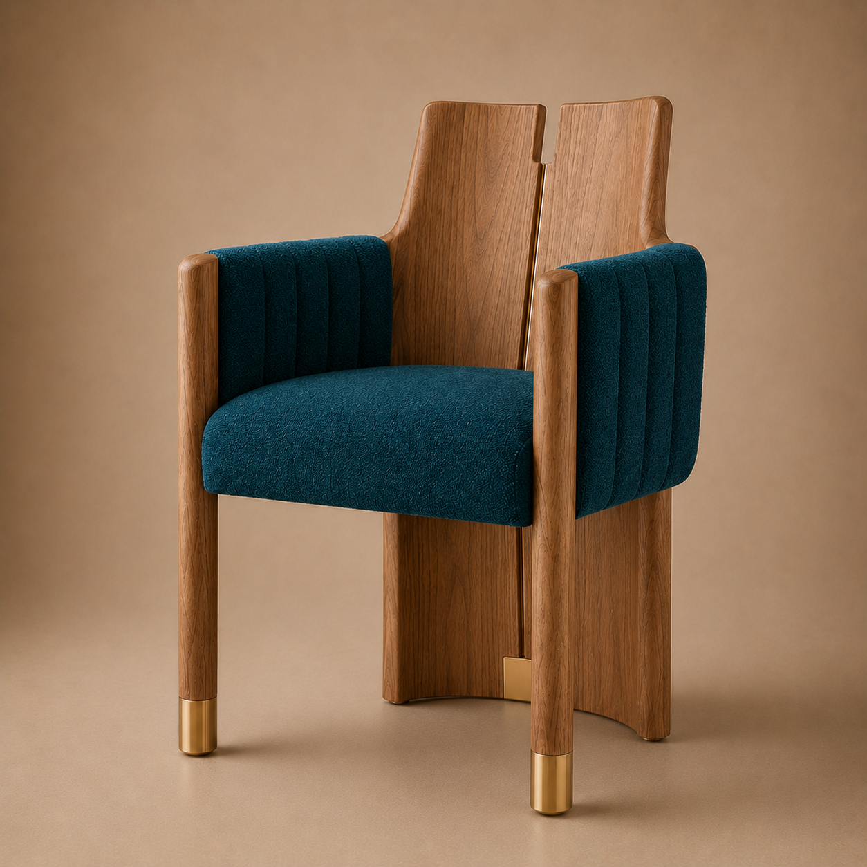 The Crest Dining Armchair — Solid Walnut, Channel Upholstery & Brushed Brass Sabots