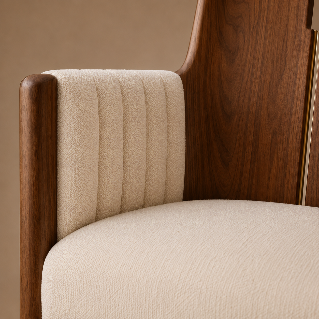 The Crest Dining Armchair — Solid Walnut, Channel Upholstery & Brushed Brass Sabots
