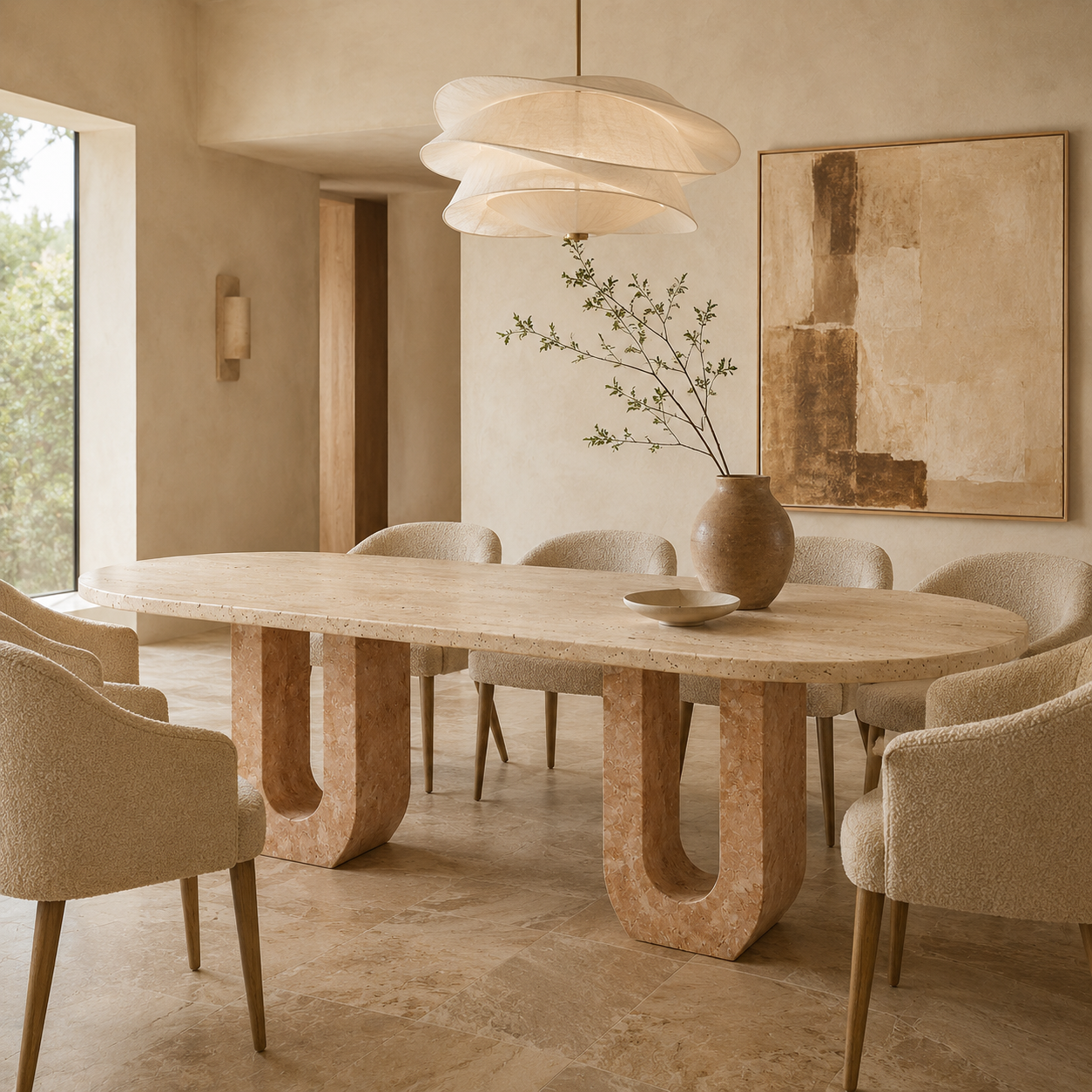 Holvi Oval — Bi-Tone Travertine Double Arch Dining Table