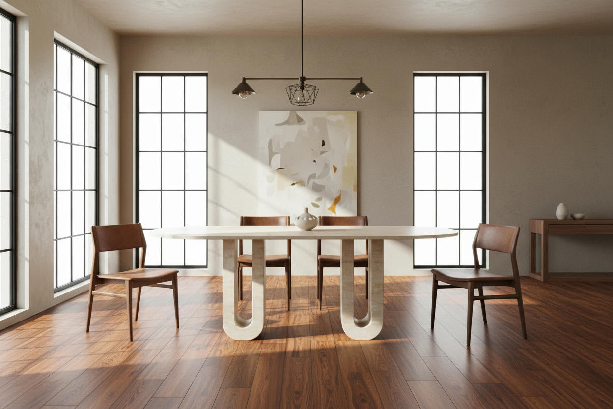 Holvi Oval — Bi-Tone Travertine Double Arch Dining Table