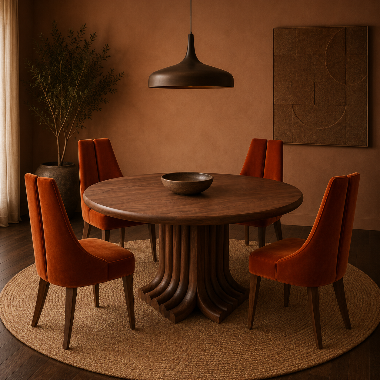 Joki Round — Solid Walnut Sculptural Fan-Pedestal Dining Table