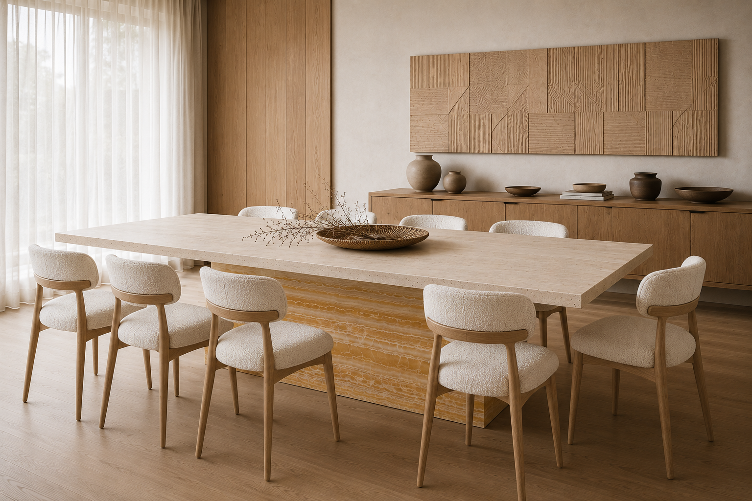 Kerros Rect — Travertine & Banded Onyx Rectangular Dining Table