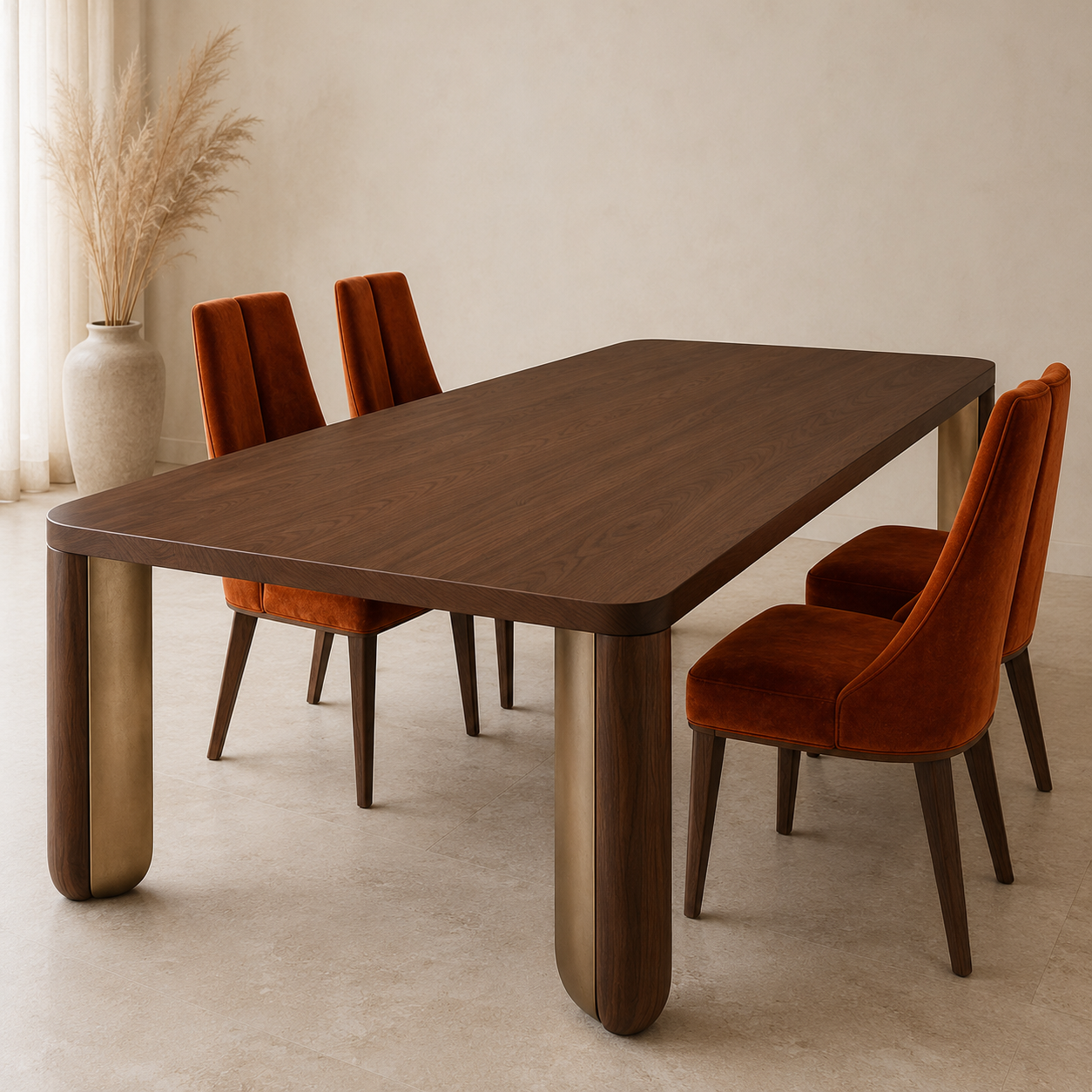 Kukka Rect — Solid Walnut & Bicolor Trefoil Leg Dining Table
