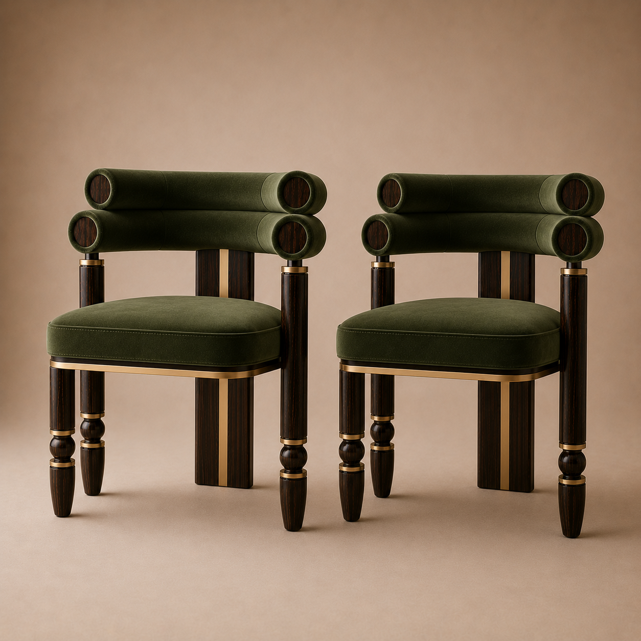 The Mahti Dining Armchair — Ebonized Wood Triple-Roll Back in Forest Green Velvet with Bronze Hardware