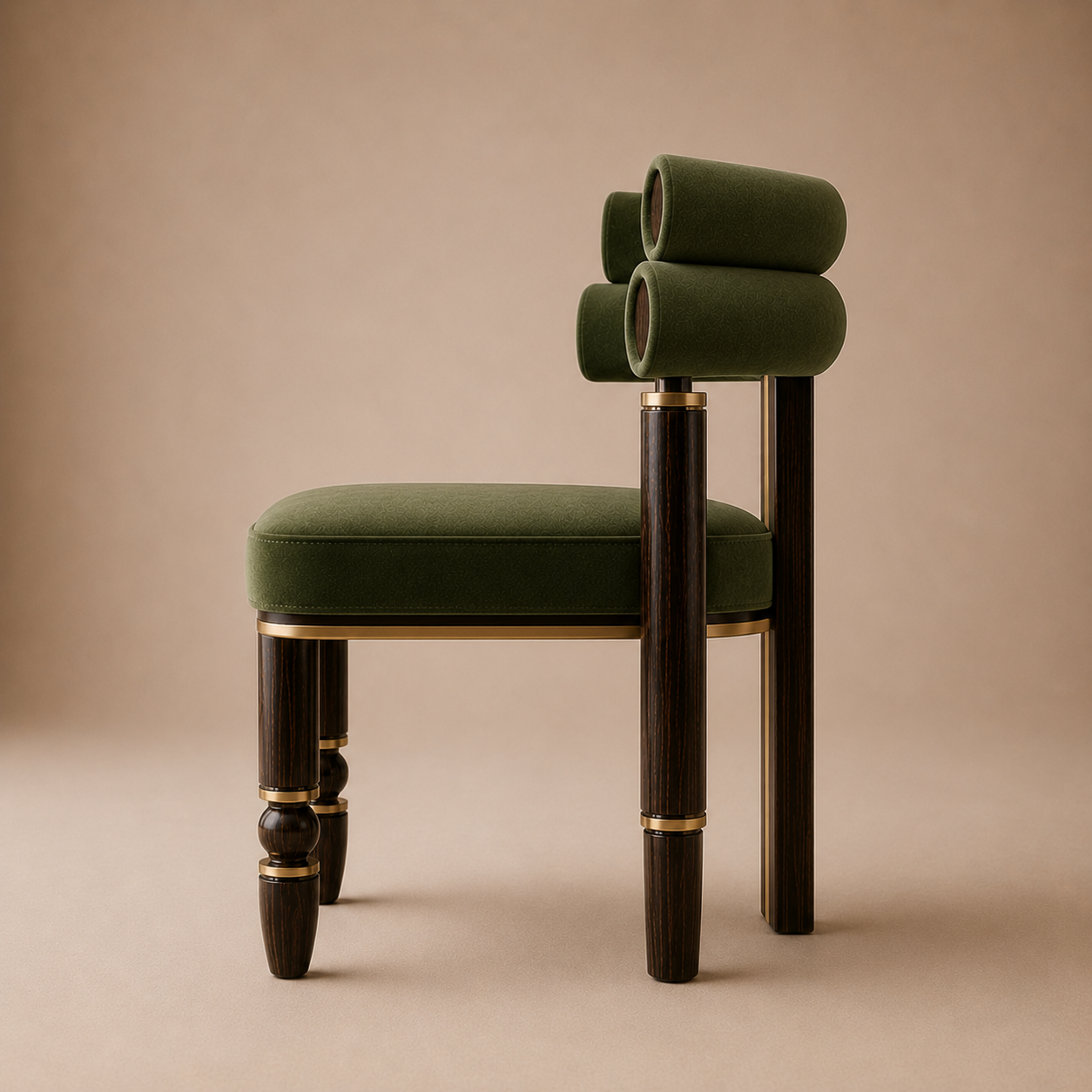The Mahti Dining Armchair — Ebonized Wood Triple-Roll Back in Forest Green Velvet with Bronze Hardware