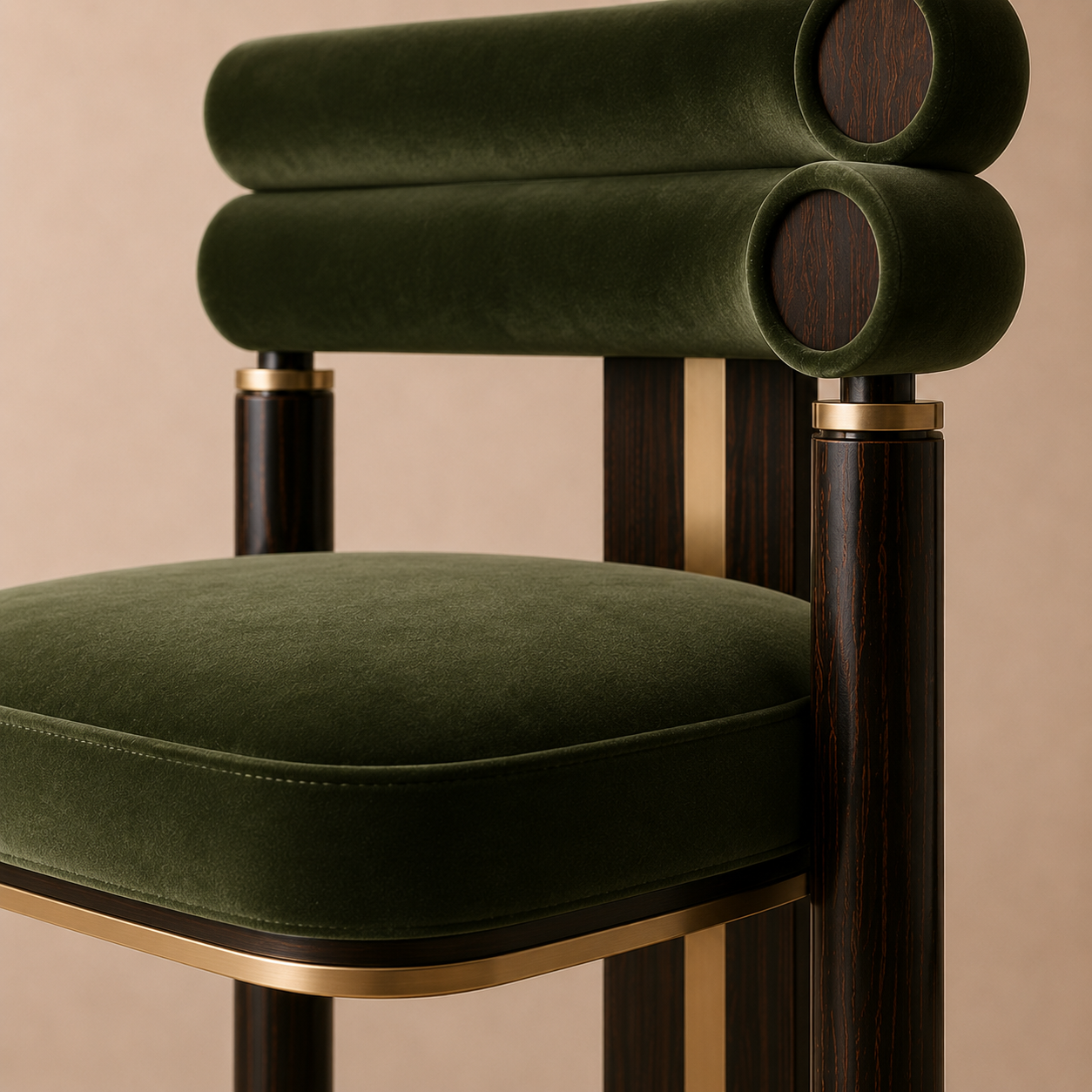 The Mahti Dining Armchair — Ebonized Wood Triple-Roll Back in Forest Green Velvet with Bronze Hardware