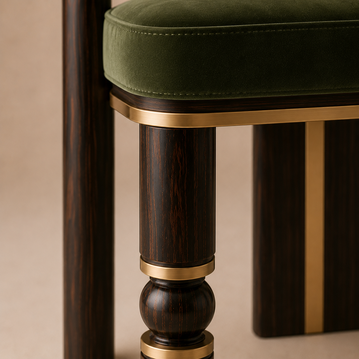 The Mahti Dining Armchair — Ebonized Wood Triple-Roll Back in Forest Green Velvet with Bronze Hardware