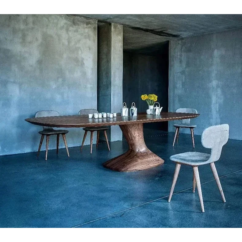 Solid Wood Modern Dining Table with Sculptural Pedestal Base – Rectangular Walnut Finish 8-10 Seater