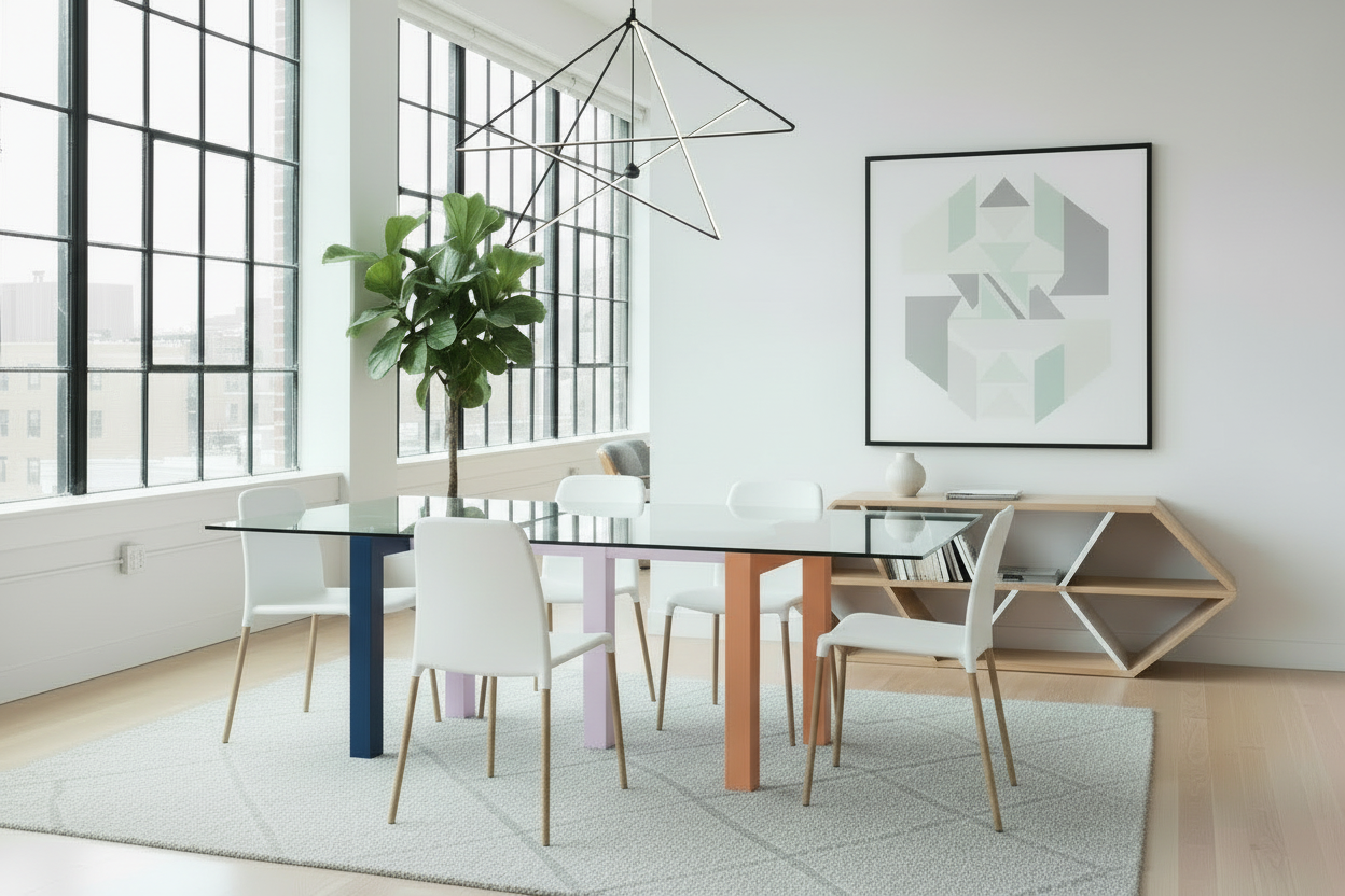 Varjo Rect — Glass & Painted Steel Dining Table