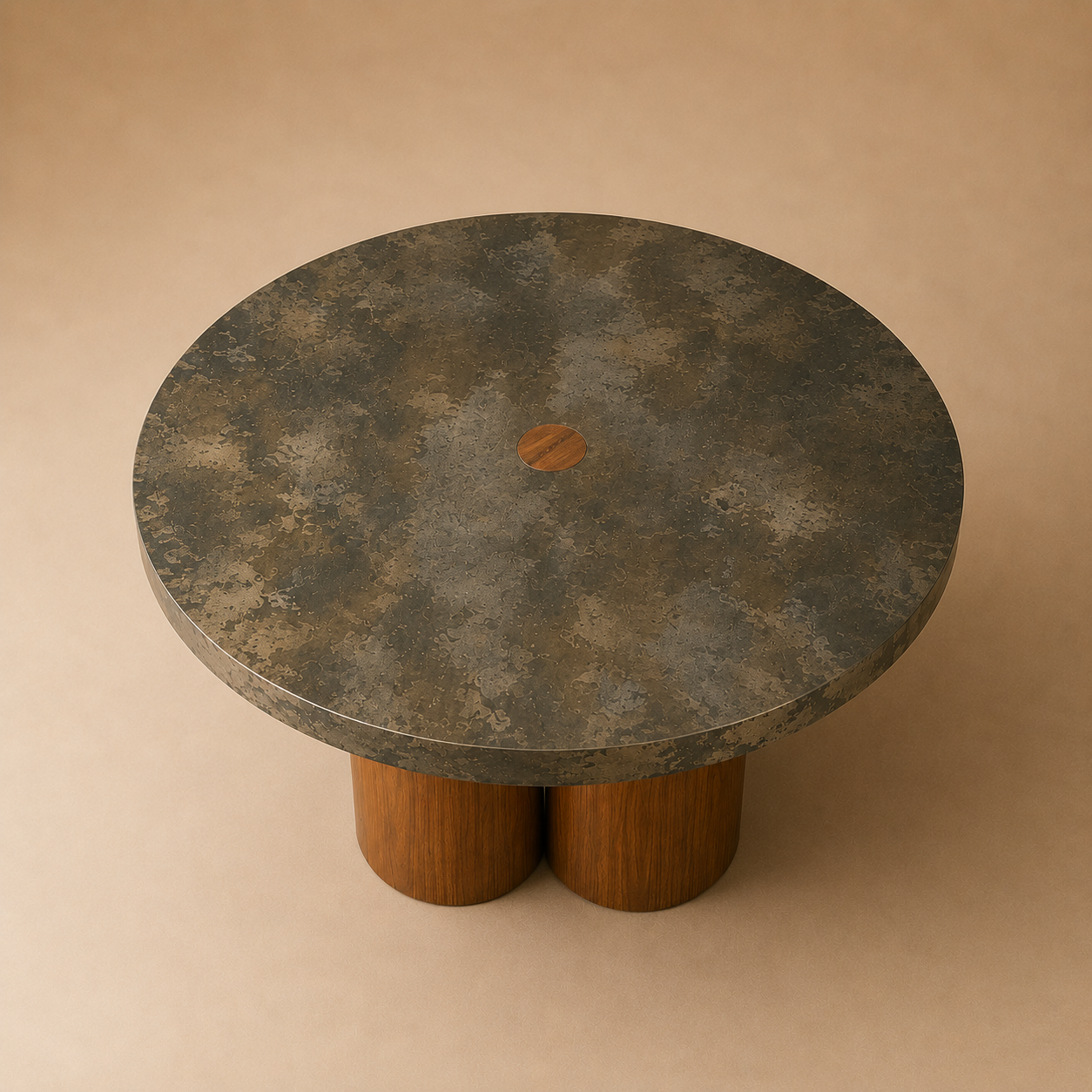 Palo Round — Patinated Metal & Solid Teak Dining Table
