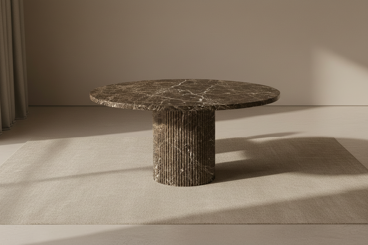Pylväs Round — Emperador Dark All-Marble Fluted Column Dining Table