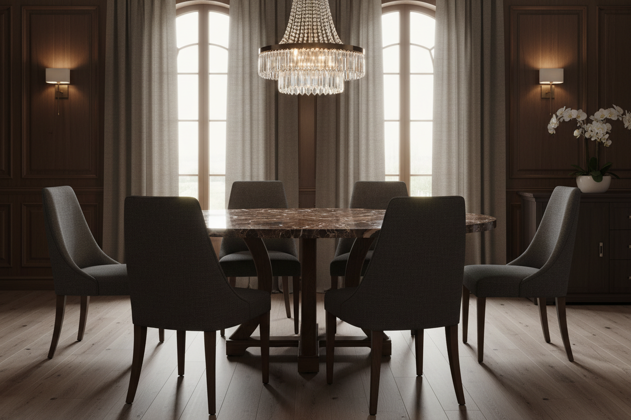 Risti Round — Emperador Dark Marble & Sculpted Oak Cross-Pedestal Dining Table DOUBLON AVEC PYLVAS (garder PYLVAS)