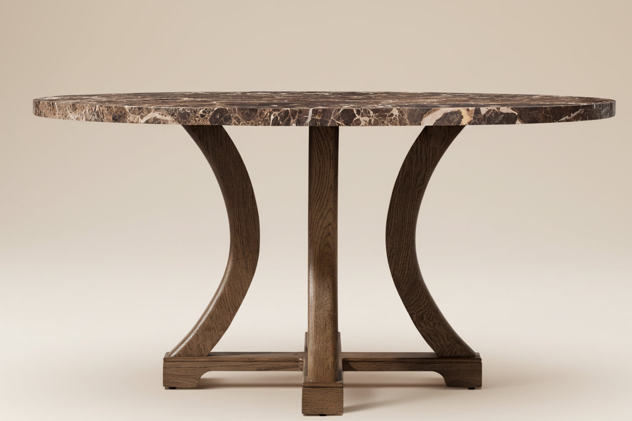 Risti Round — Emperador Dark Marble & Sculpted Oak Cross-Pedestal Dining Table DOUBLON AVEC PYLVAS (garder PYLVAS)