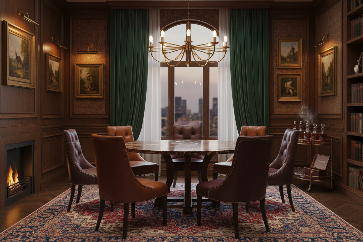 Risti Round — Emperador Dark Marble & Sculpted Oak Cross-Pedestal Dining Table DOUBLON AVEC PYLVAS (garder PYLVAS)