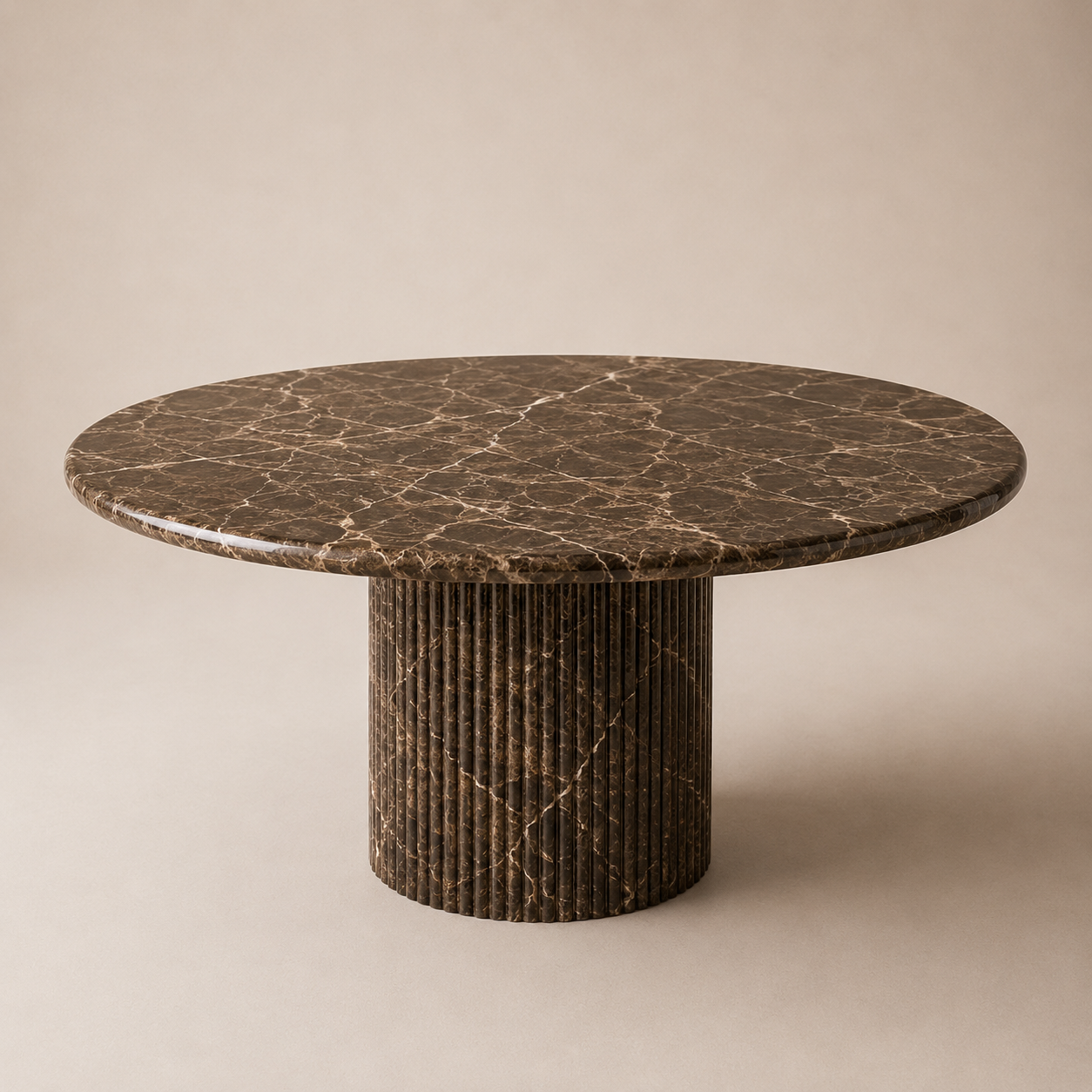 Pylväs Round — Emperador Dark All-Marble Fluted Column Dining Table