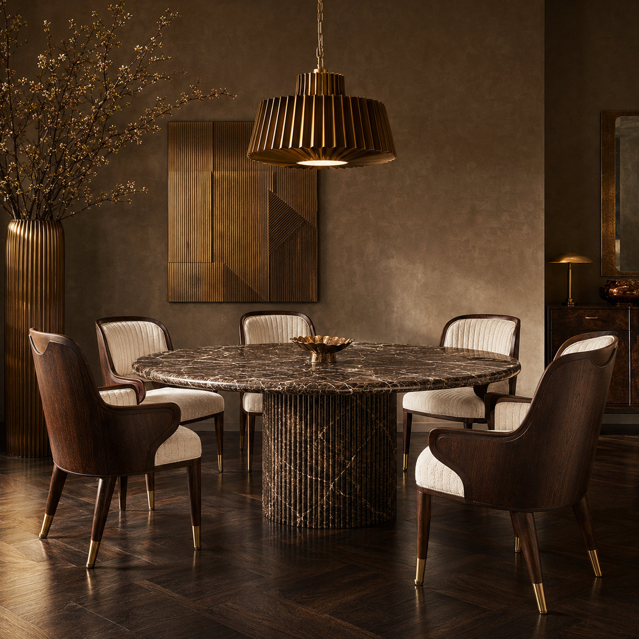 Pylväs Round — Emperador Dark All-Marble Fluted Column Dining Table