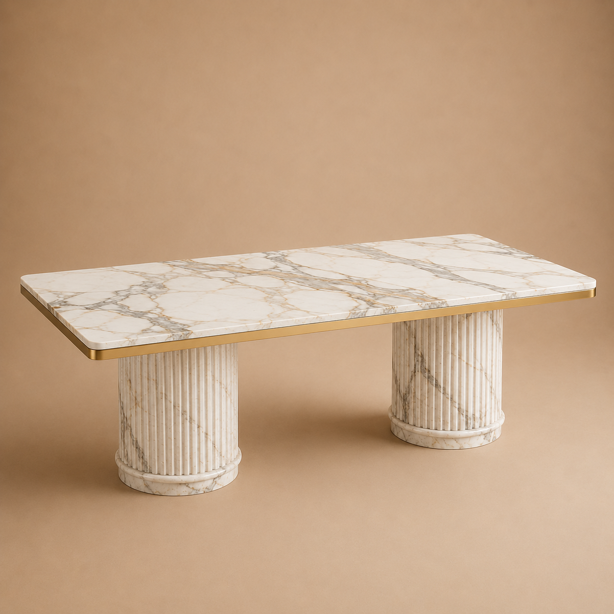 The Sammal Rectangular — Green & White Marble Top with Brass Edge on Fluted Stone Columns